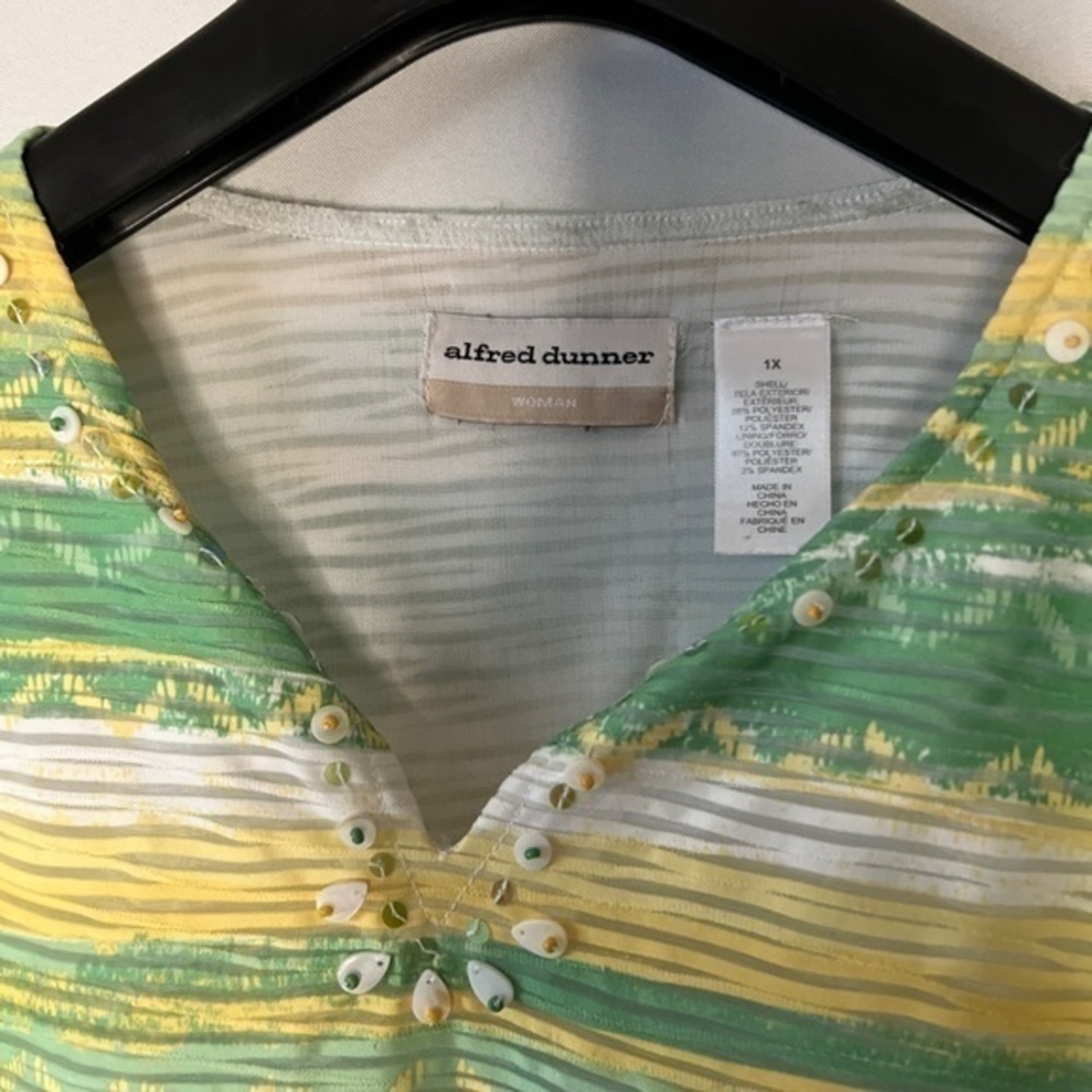 Alfred Dunner Women's Top 1X Green Yellow Stripe Sequins Beaded Blouse Colorful. - Picture 6 of 6